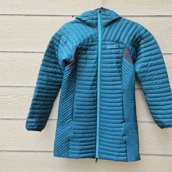 Eddie Bauer teal stormdown 800 mid-length down hooded lightweight coat XS - Picture 1 of 13